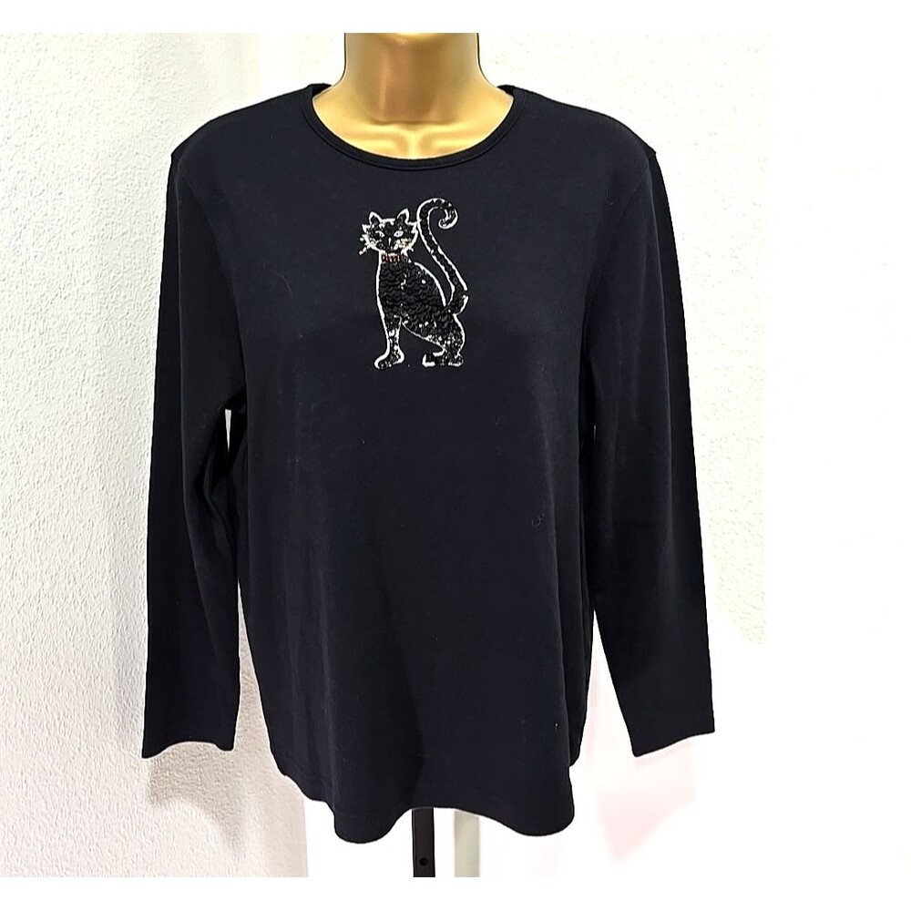 Black Cat Lady Top Womens Petite L Beaded Sequin Sparkle Casual Pet Animal Lover